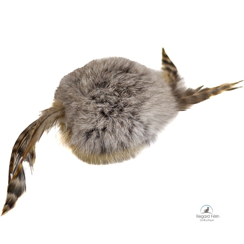 Jouet pour chat contre l'ennui en peau de lapin et plumes